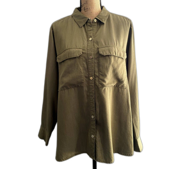 C Wonder Carrie Button Down Camp Shirt Olive Green Lyocell Plus Size 18W - Picture 2 of 6